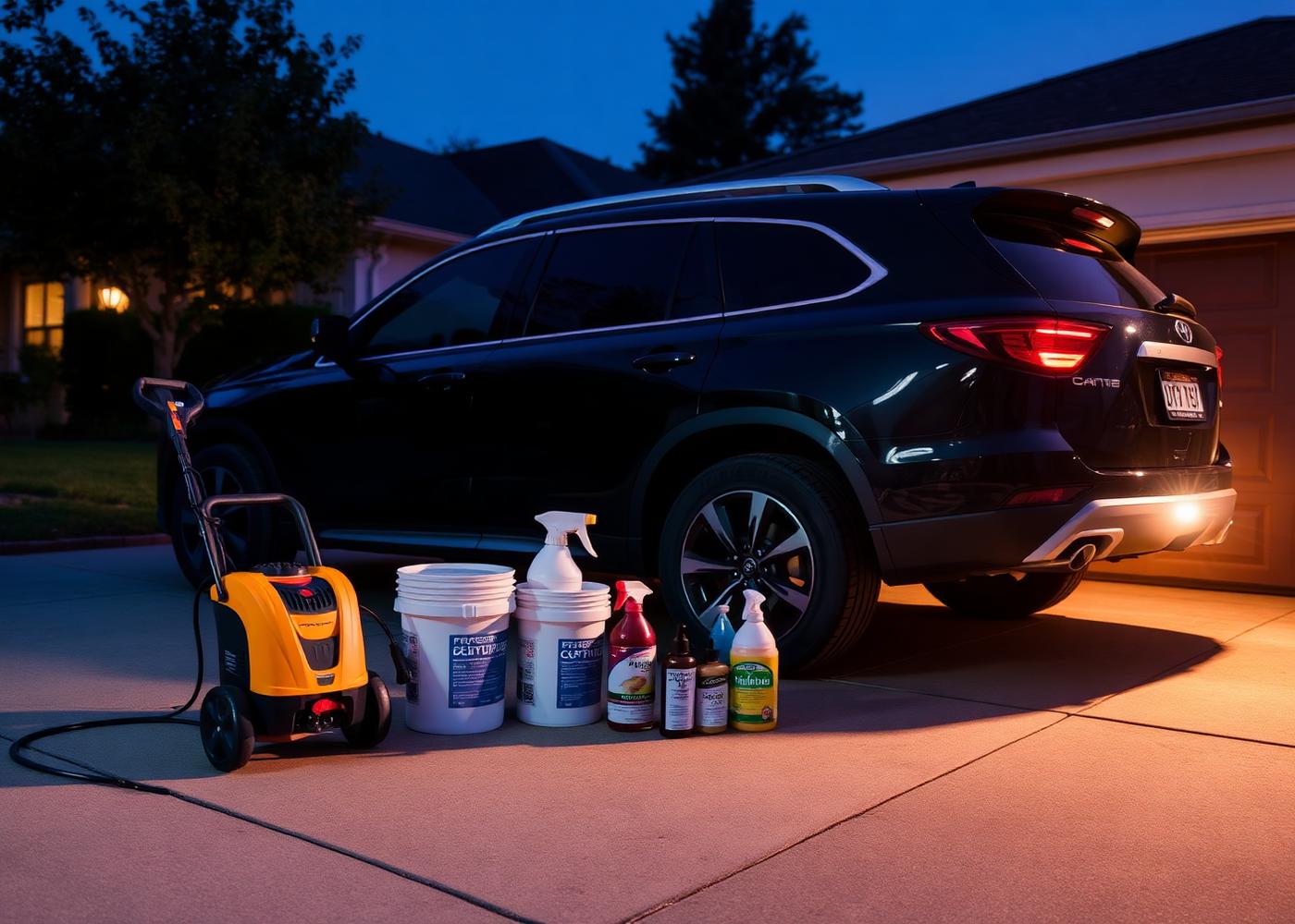 Mobile detailing setup beside an SUV in a driveway